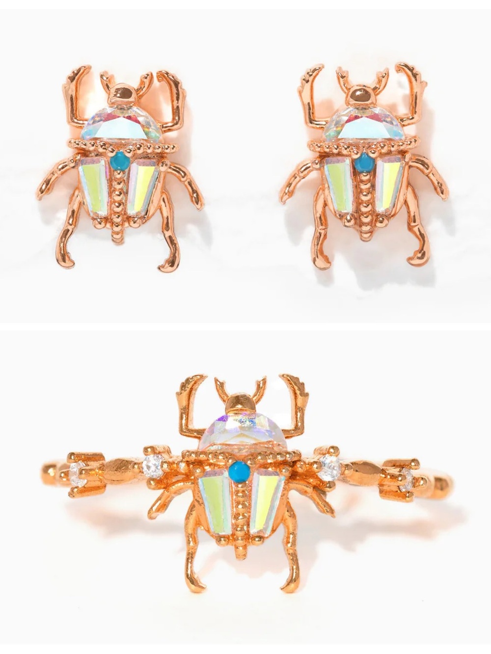 Girls Crew Beetlejuice rose gold earrings and ring